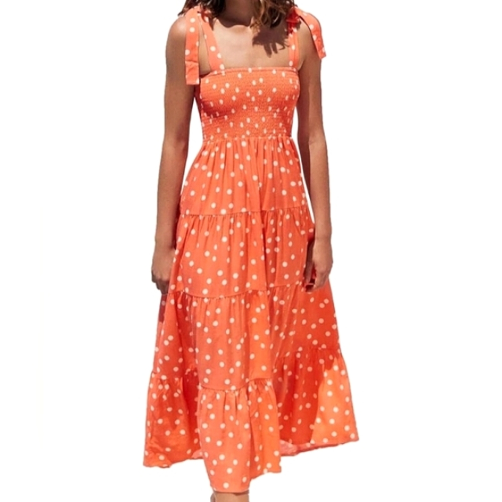 Orange Polka Dot Summer Maxi Midi Tiered Dress Shoulder Tie Flowy Boho Vacation